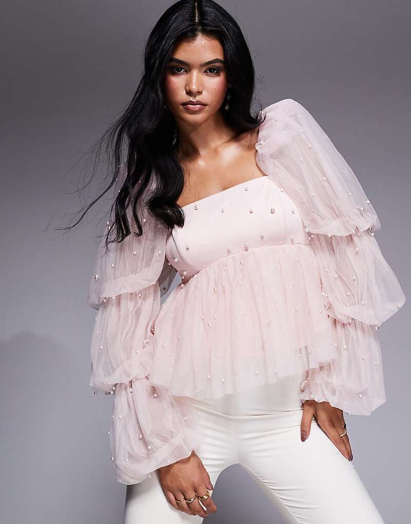 

Платье в стиле бэби-долл ASOS LUXE из розового тюля с жемчужной отделкой