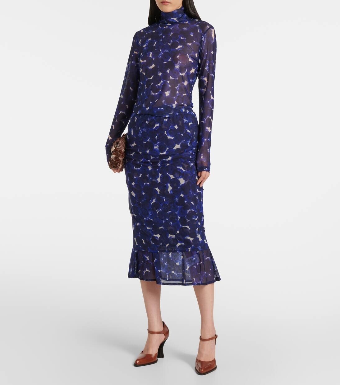 Юбка миди из джерси с принтом и сборками Dries Van Noten, синий — фото 2