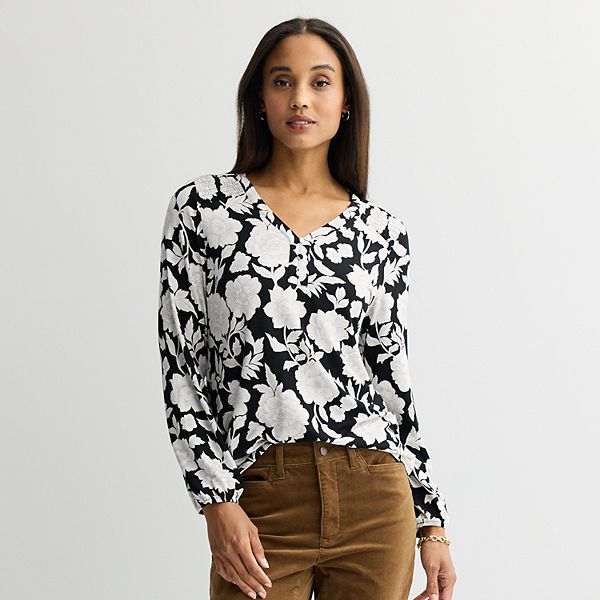 

Женская блузка с присборенным воротником Croft & Barrow, Black Linear Floral