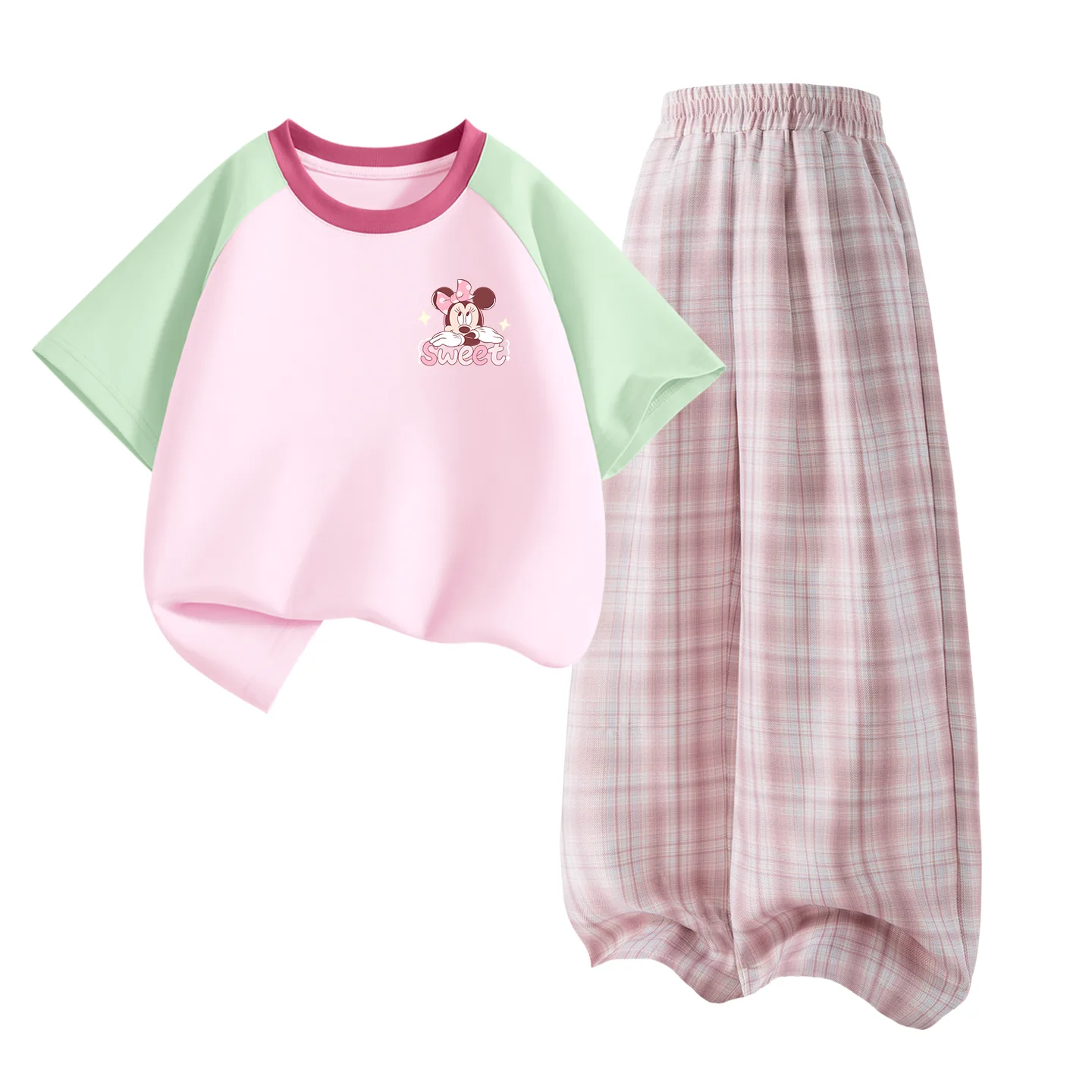 Детская спортивная футболка с круглым вырезом Disney, Delorine K Green Pink+Solid Color Quartz Pink