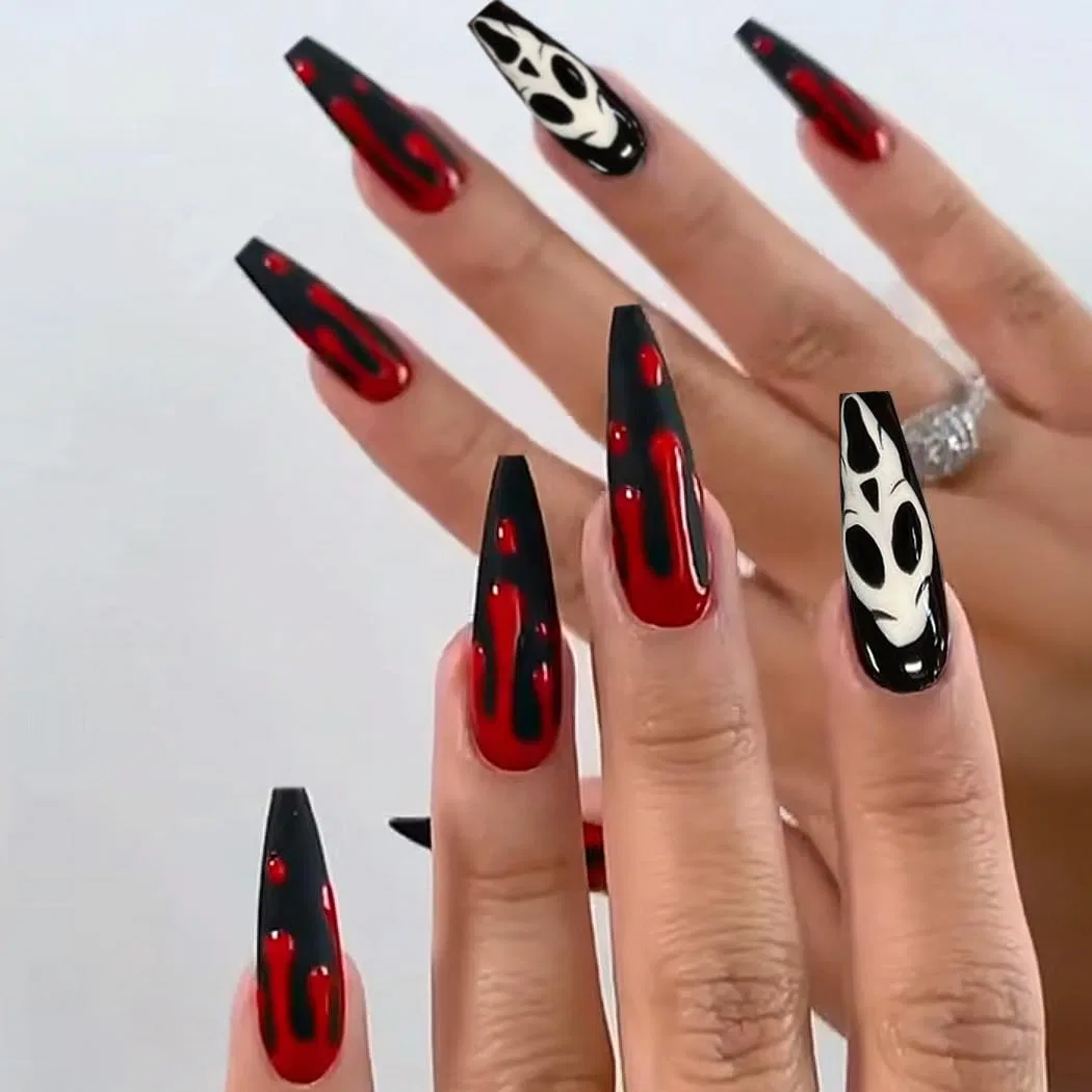 Длинные накладные ногти Coffin Halloween Black Red Press On Ghost, 24 шт. Handcess, A