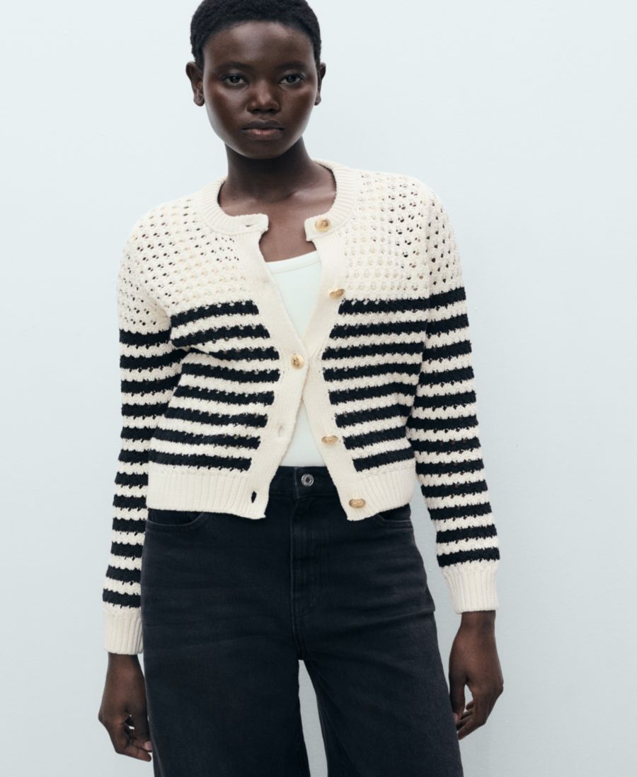 

Женский полосатый вязаный кардиган с ажурной отделкой MANGO, Navy