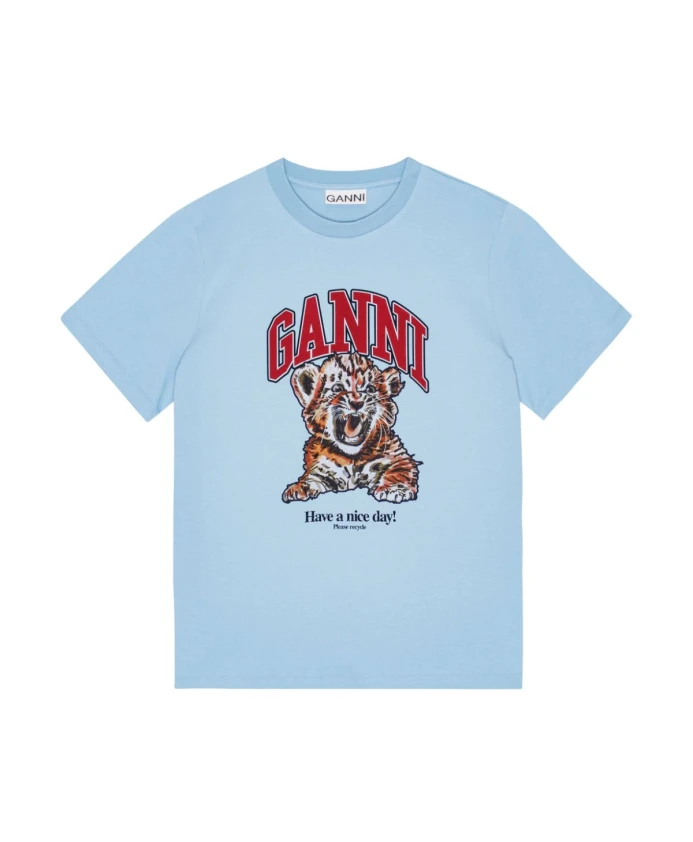 

Синяя хлопковая футболка с круглым вырезом Ganni, синий