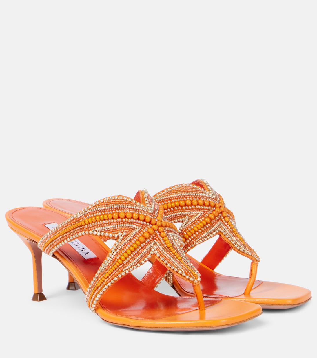 Риф Стар босоножки-танкетки из кожи с бусинами Aquazzura, Yellow/Orange