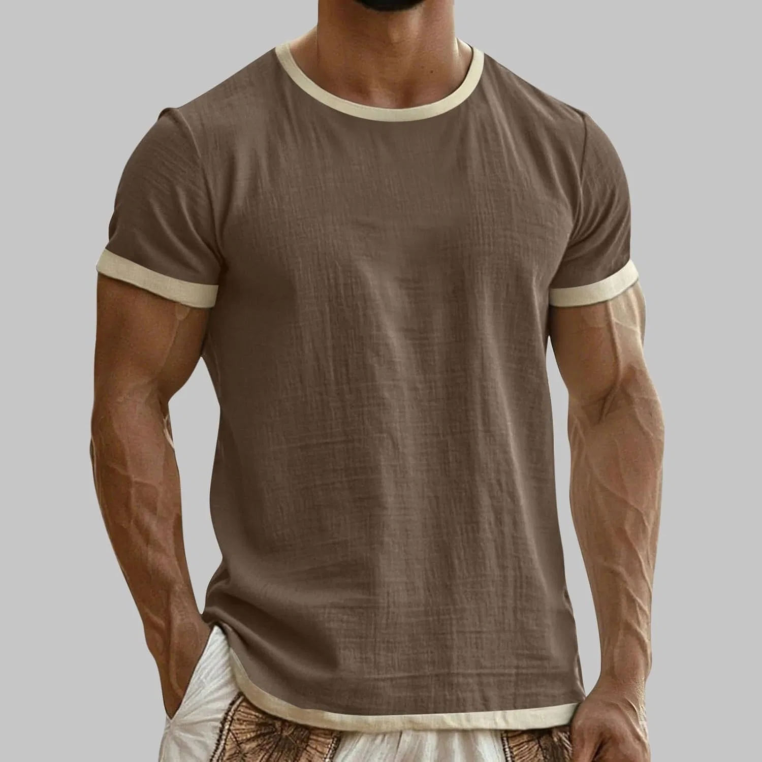 Футболка с контрастной отделкой, Cotton Linen, Coffee — фото 2