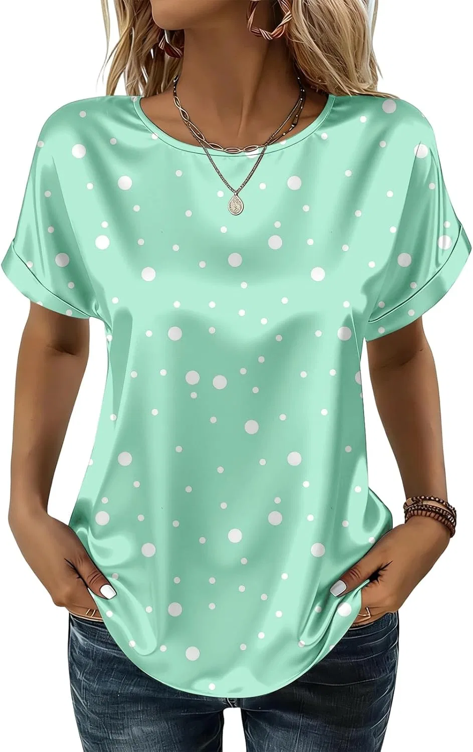 Блуза женская из сатина с коротким рукавом, 3-light Green