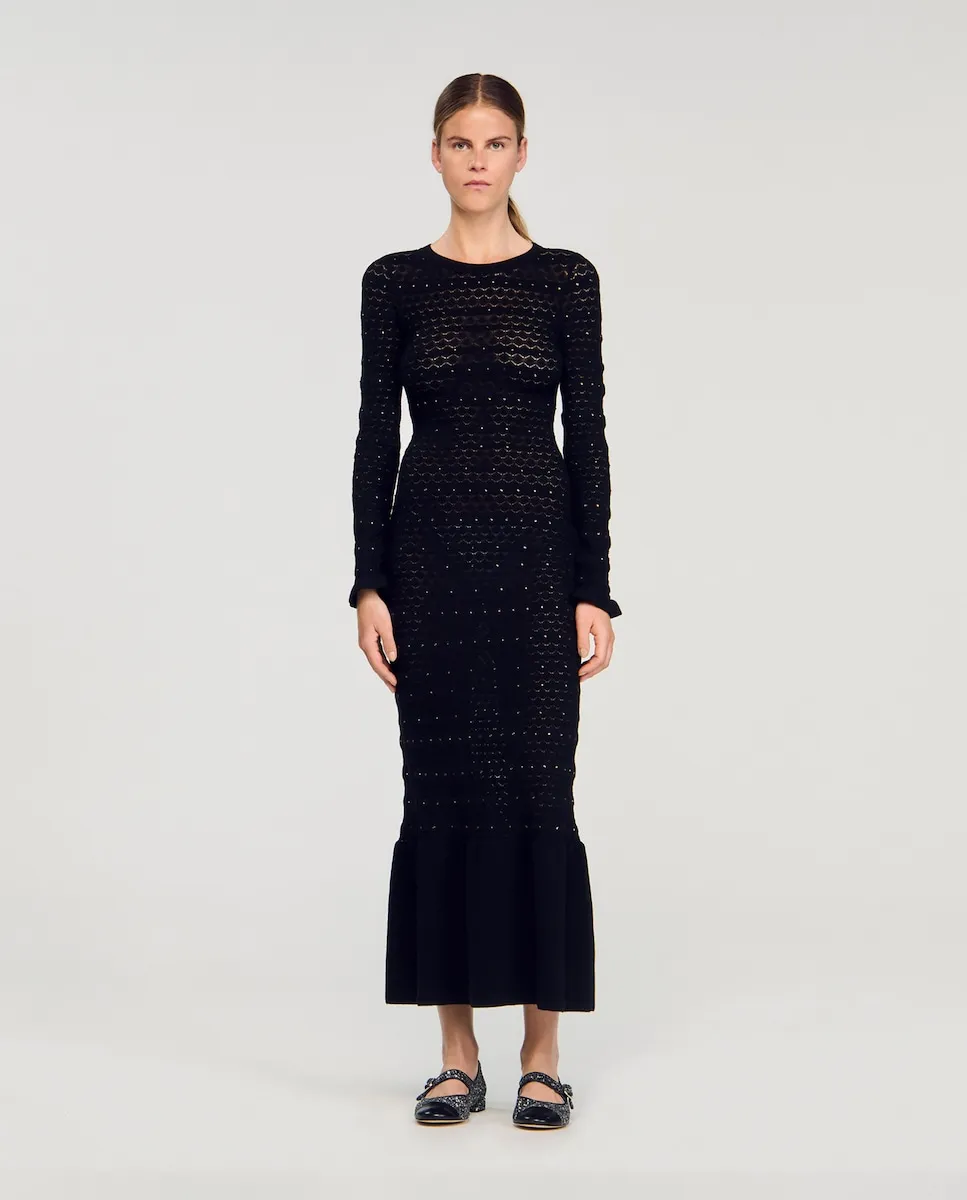 

Длинное трикотажное платье со стразами Sandro, черный