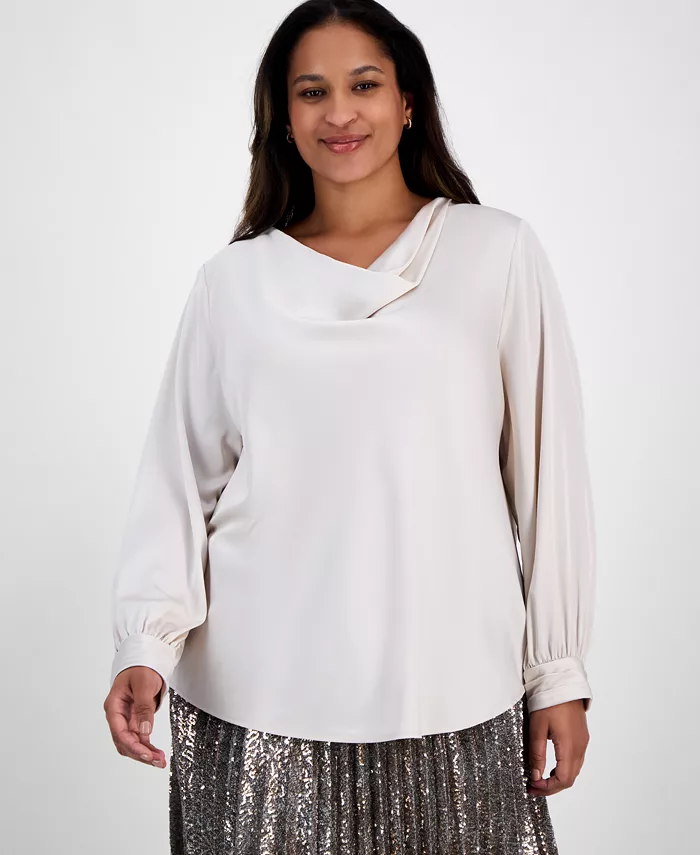 

Блузка больших размеров из матового атласа с воротником-хомут Anne Klein, загар/бежевый