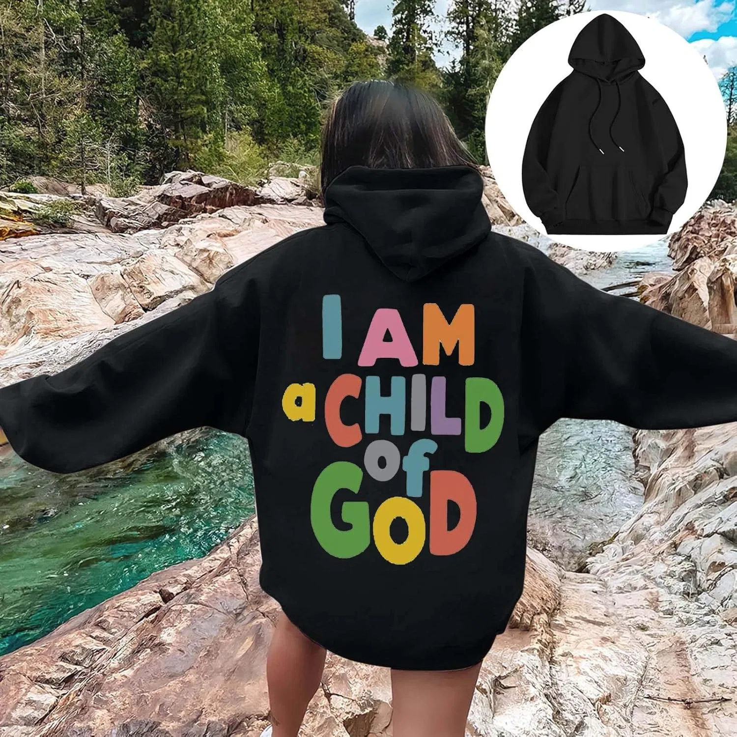 Худи для девушек с принтом I Am A Child Of God Jesus, на завязках, с карманами, A02-black — фото 2