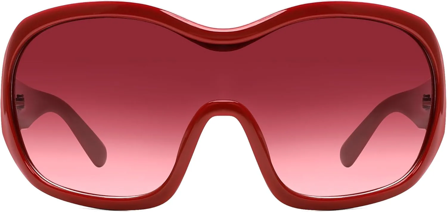 

Большие модные солнцезащитные очки-обтекатели для женщин и мужчин - стильные очки для концертов в стиле 2000-х, ретро, ​​круглые, большие, в форме щита TYA, Red