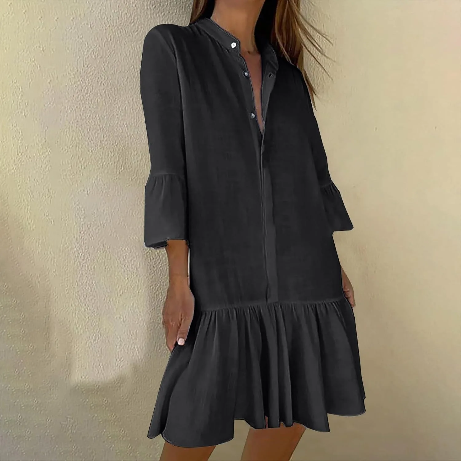 Платье-рубашка Fashion Bell с 3/4 рукавом и рюшами, элегантный кэжуал для лета и пляжа Generic, черный — фото 2
