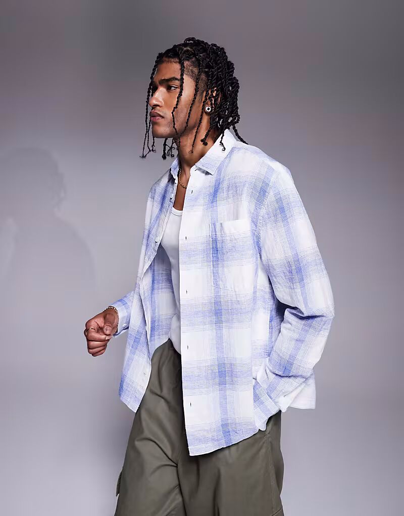 

Рубашка свободного кроя из льняной смеси ASOS DESIGN синего и белого цветов с накладным карманом