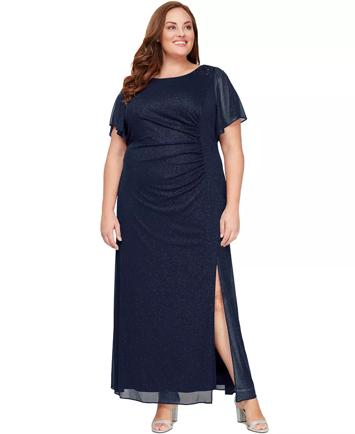 

Платье с расклешенными рукавами и боковыми сборками с пайетками Plus Size SL Fashions, синий