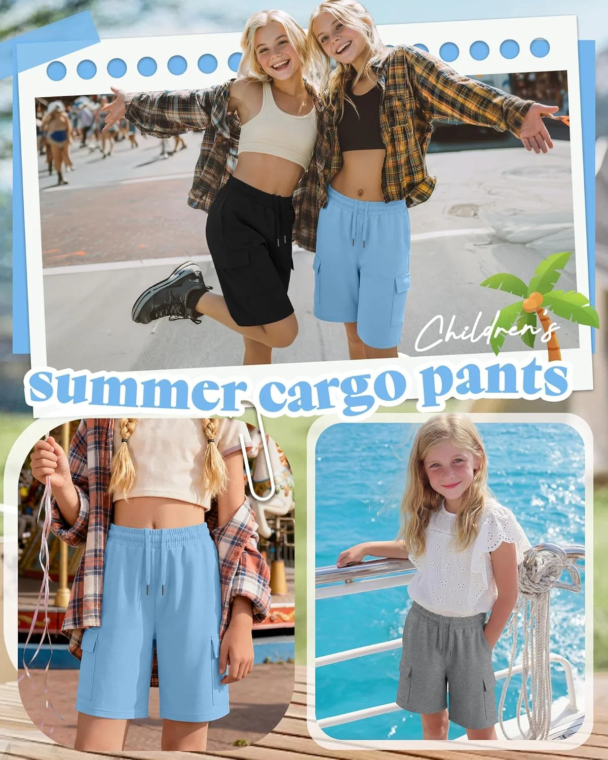 Детские шорты-бермуды карго 3 шт., Ficerd, Sky Blue, Light Heather Gray, Black — фото 4