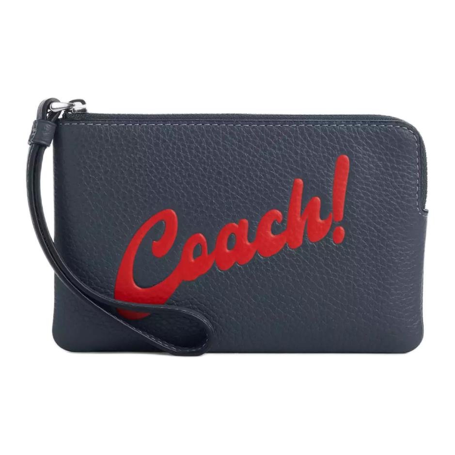 

Кожаный клатч с угловой молнией и рельефным узором под гальку, женский, с серебристой панелью из денима COACH