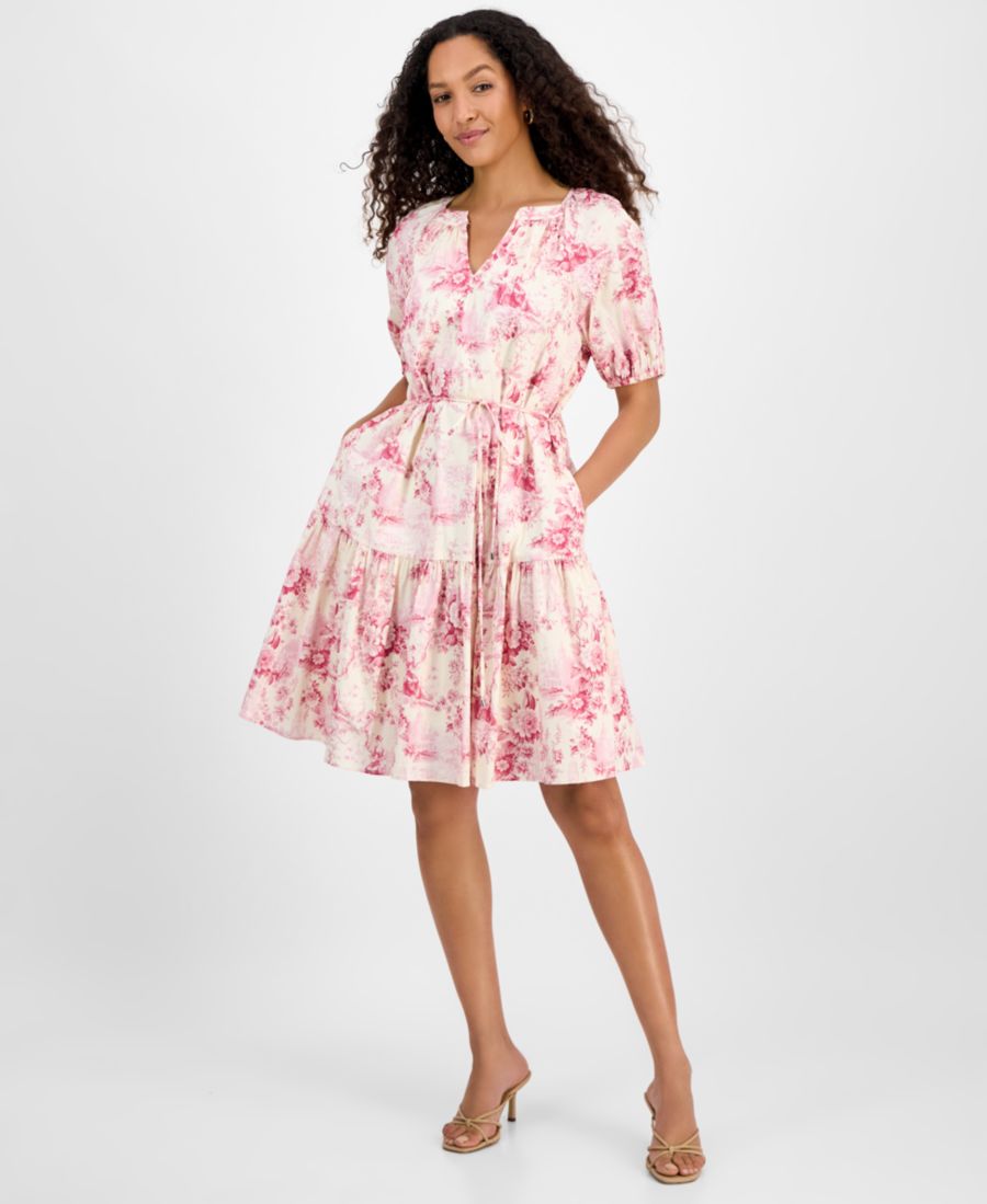 

Женское платье с принтом, короткими рукавами-пузырями и поясом на талии julia jordan, Pink/ivory