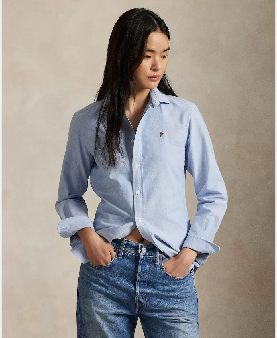 Женская базовая рубашка Оксфорд с контрастным логотипом Polo Ralph Lauren, синий