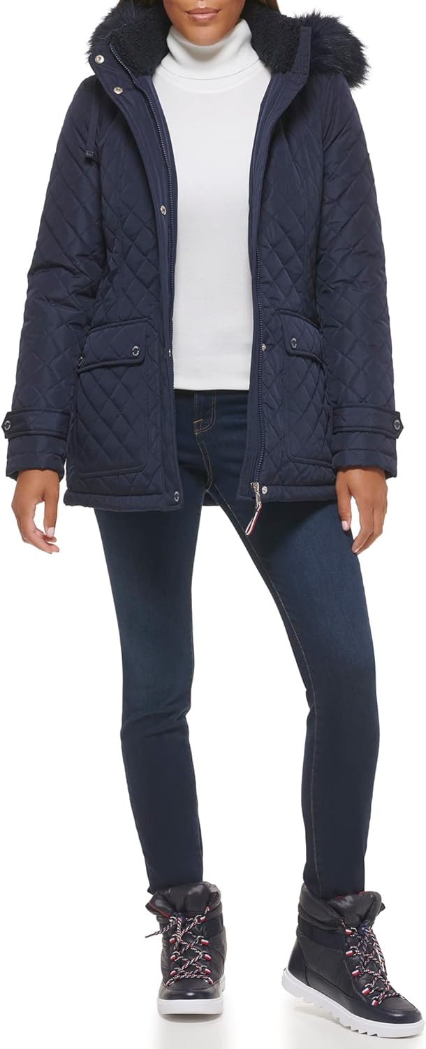 Женская стеганая куртка Tommy Hilfiger с меховым капюшоном и кнопками, Navy — фото 4