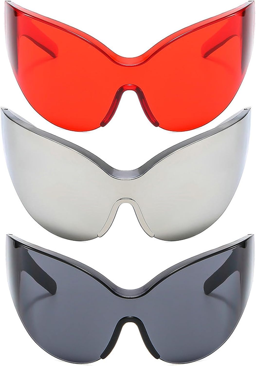 

Солнцезащитные очки Willochra «Кошачий глаз», модные безободковые очки в стиле Y2K для женщин и мужчин, солнцезащитные очки для спорта с защитой от УФ-излучения, цельные очки, 3pcs-black&silver&red