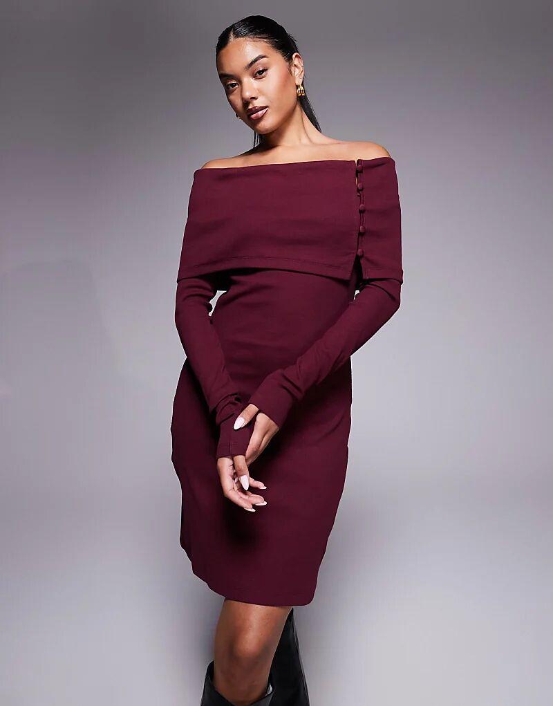 

Мини-платье ASOS DESIGN с вырезом лодочкой и пуговицами бордового цвета