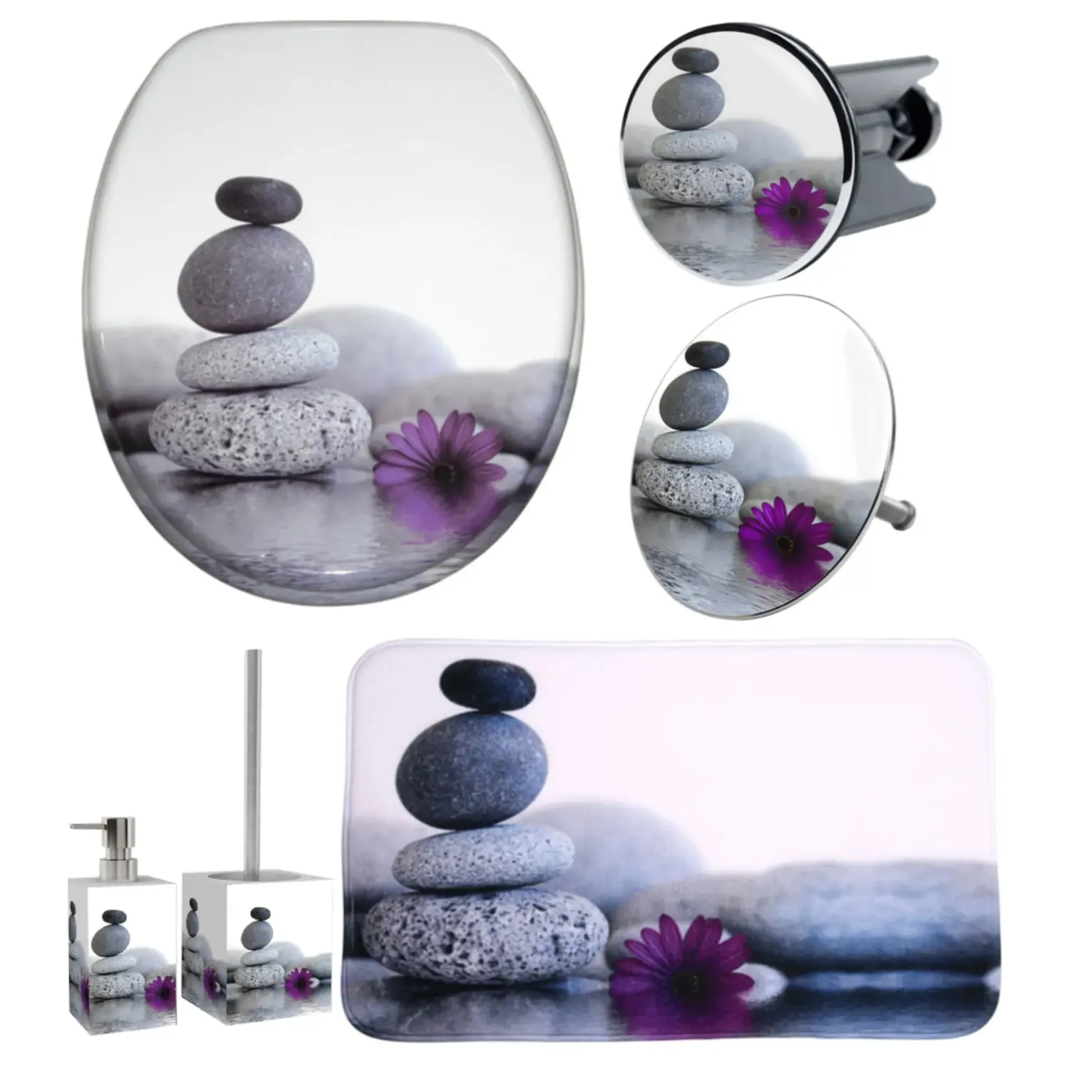 

Набор аксессуаров для ванной комнаты Sanilo «Энергетические камни» (полный комплект, 6 шт.), сиденье для унитаза, коврик для ванной, пробка, дозатор мыла и ершик для унитаза, серо-фиолетовый