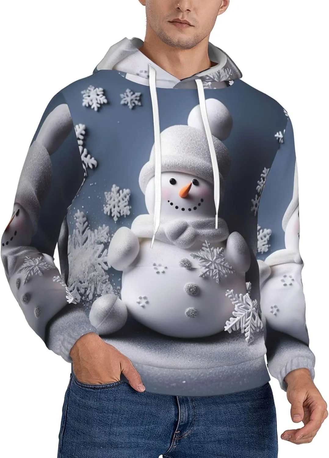 

Мужская флисовая толстовка с капюшоном, с длинным рукавом, принт снеговик, звезды и снежинки KKLWEGU