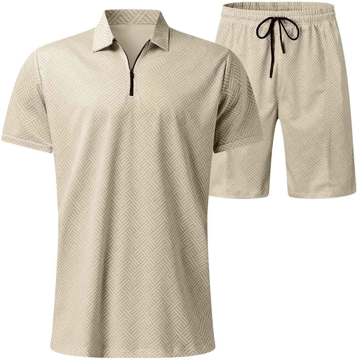 Спортивный костюм с поло и шортами, полоска, Beige — фото 4