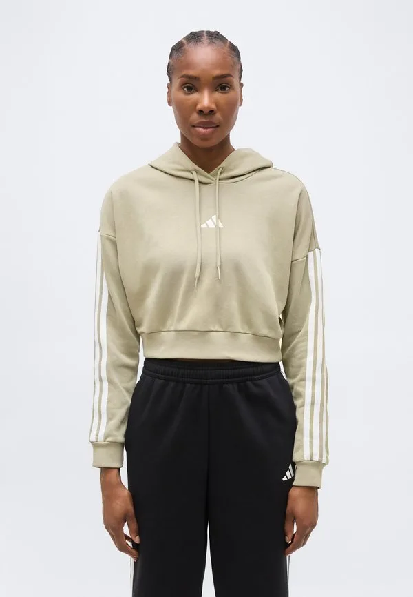 Худи essentials с тремя полосками, укороченное, из французской махровой ткани Adidas Sportswear, Khaki/White
