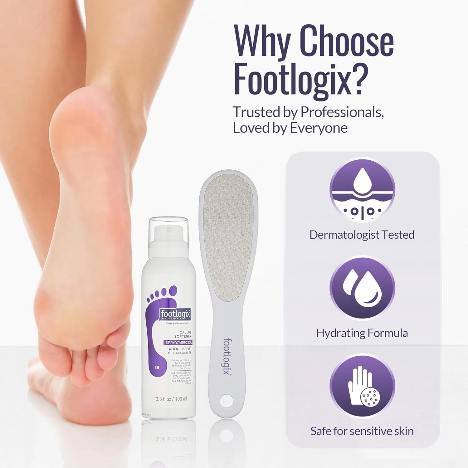 Набор для ухода за ногами Footlogix Foot Care Callus Softener Combo: спрей для удаления мозолей и двусторонняя пилка для сухих, потрескавшихся пяток, инструменты для педикюра, скраб для ног. Комбо, White — фото 3