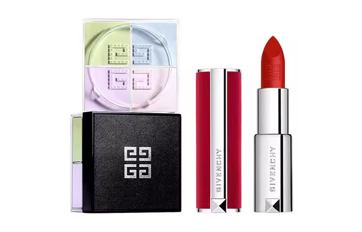 

Givenchy Набор косметики с рассыпчатой пудрой на четыре отсека и помадой red velvet, легко растушевывается, естественный вид