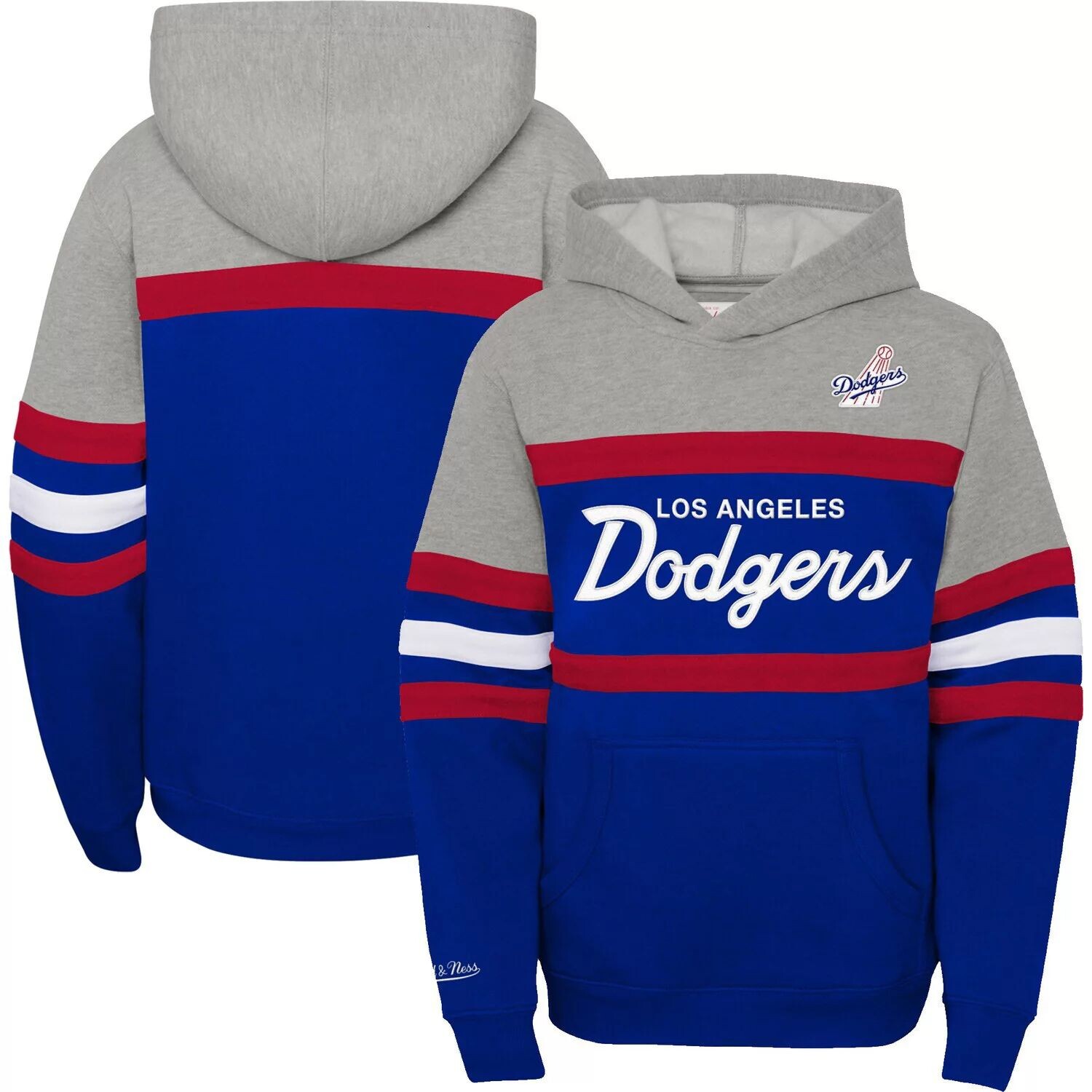 Молодежный пуловер с капюшоном Mitchell & Ness Heather Grey/Royal Los Angeles Dodgers Cooperstown Collection Head Coach Unbranded