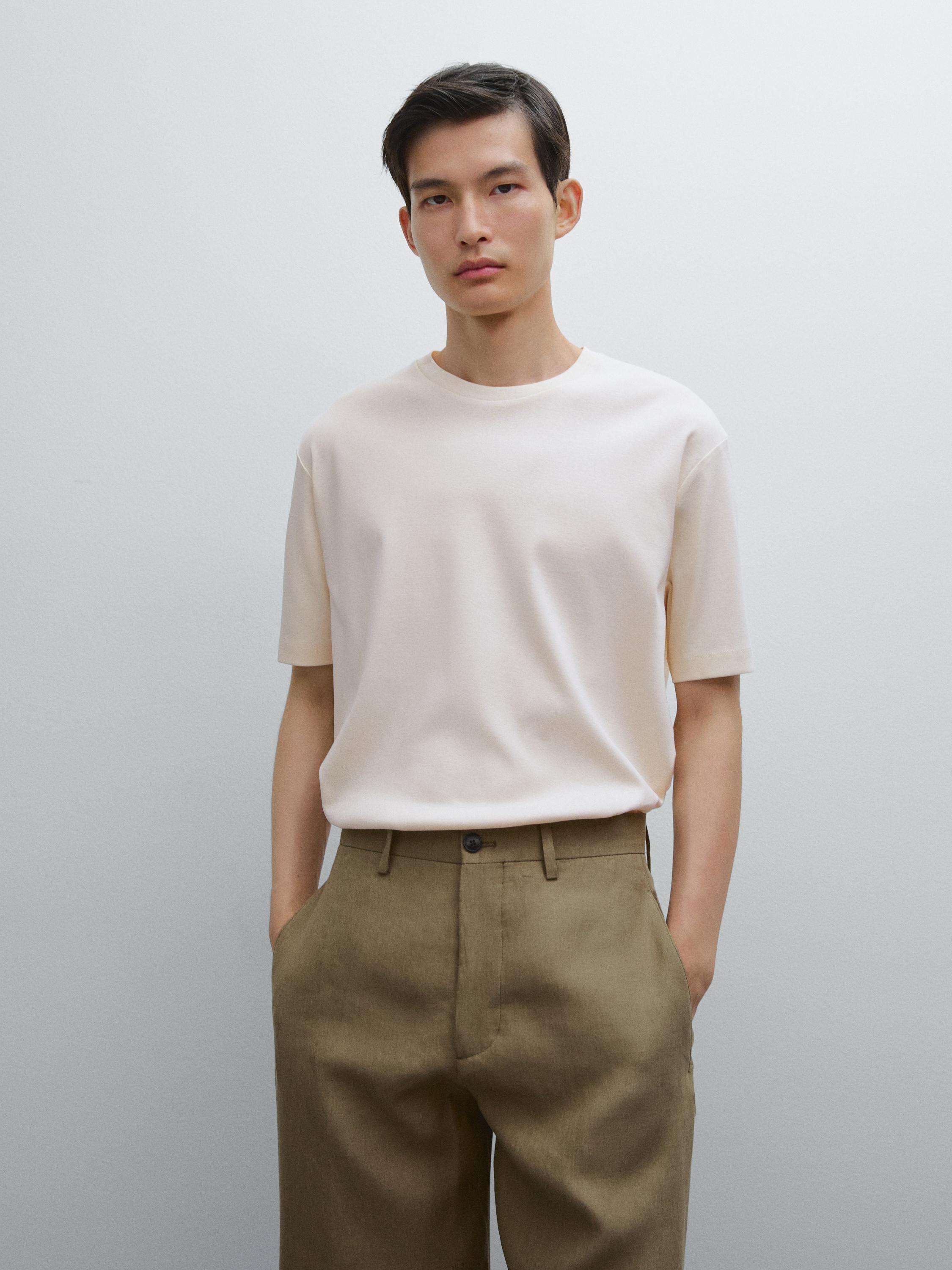 Футболка Massimo Dutti 100% Mercerised Cotton, кремовый — фото 4