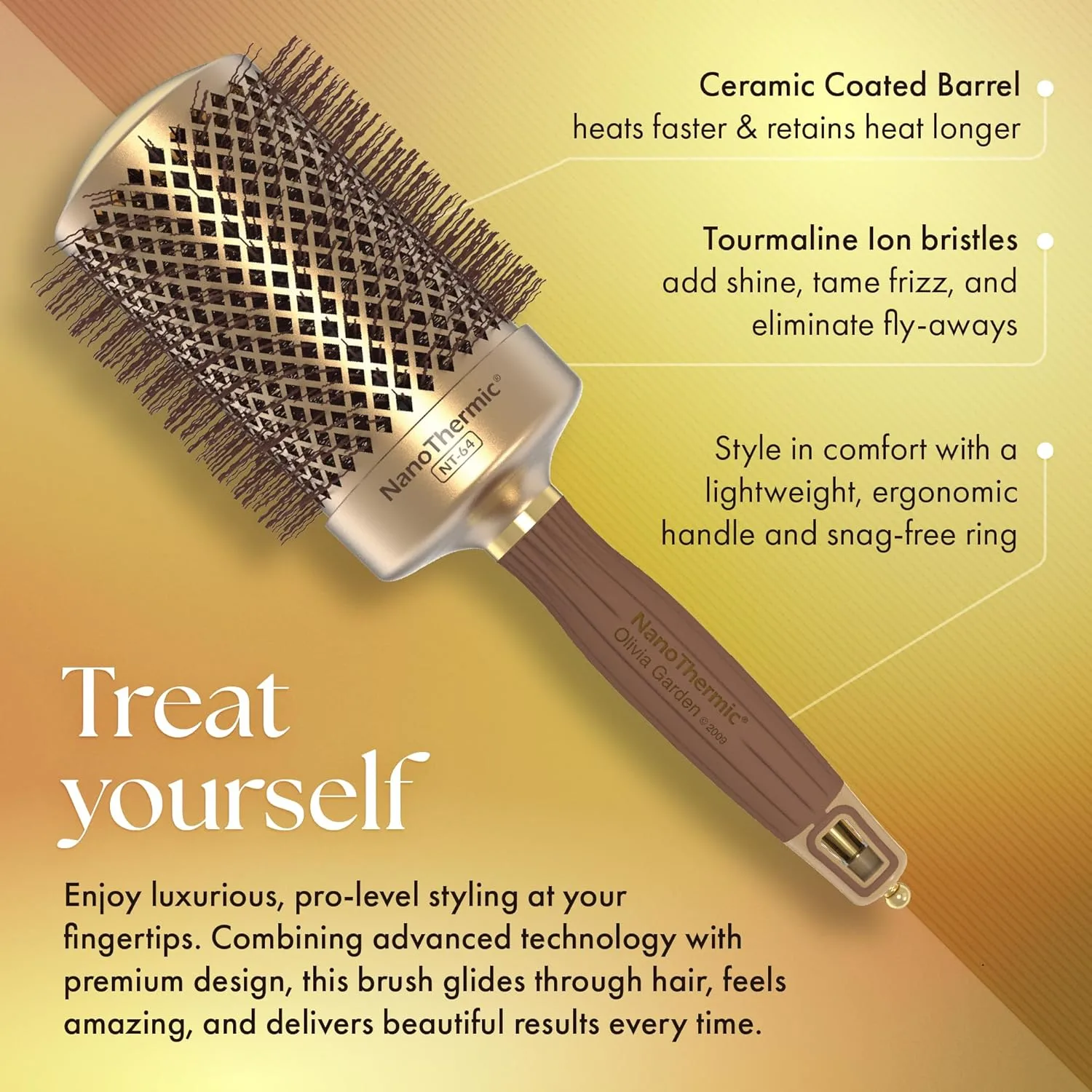 Термощетка для укладки волос Olivia Garden NanoThermic Ceramic + Ion Round Thermal Hair Brush - не электрическая - профессиональная щетка для нормальных и густых волос. 7 см, Gold / Chocolate — фото 3