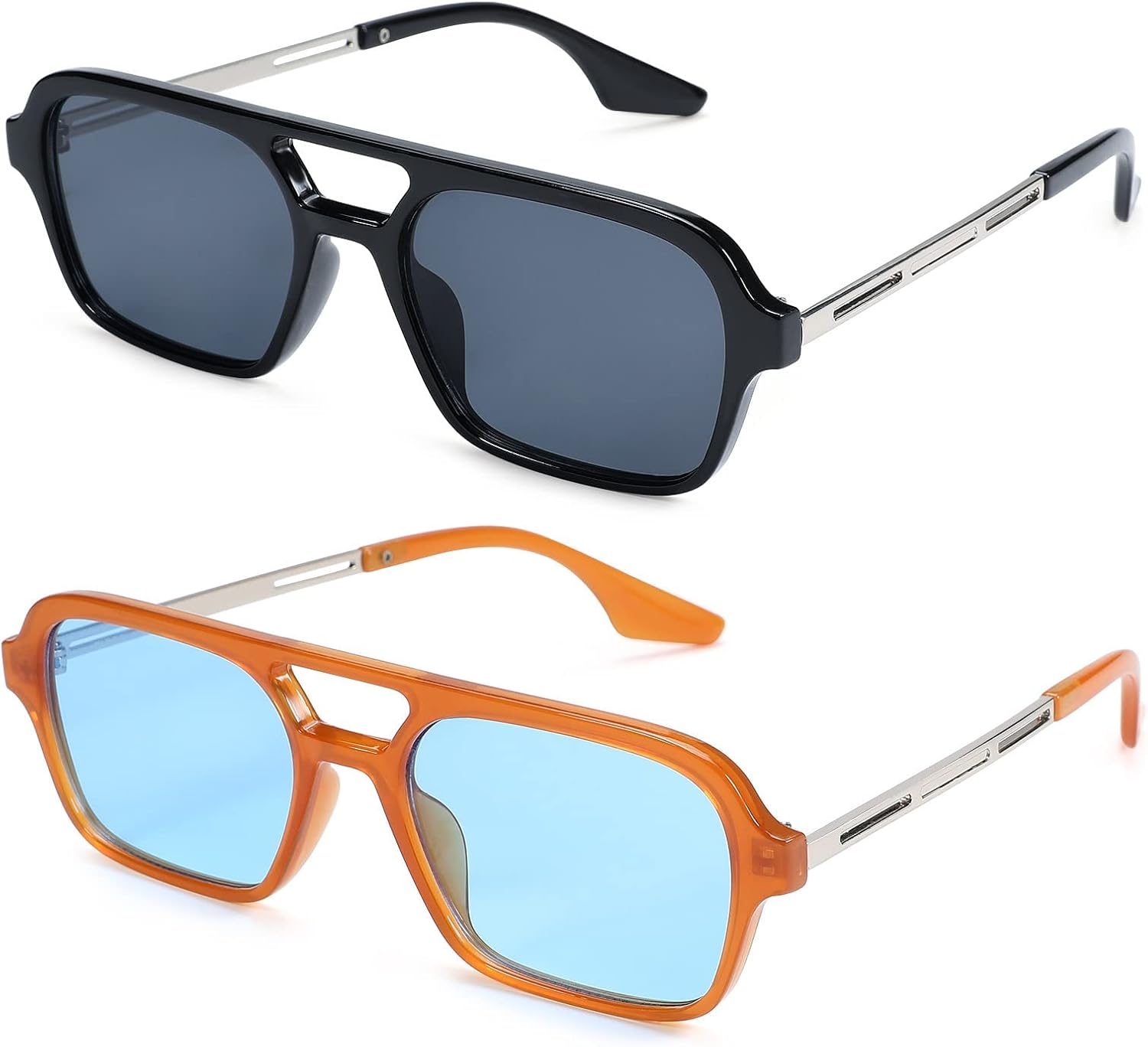 

Солнцезащитные очки Hycredi в стиле ретро 70-х, плоские, в стиле «авиатор», модные винтажные квадратные очки для женщин и мужчин, металлический дизайн, защита от УФ-излучения, 2 Pack - Orange/Blue + Black/Grey