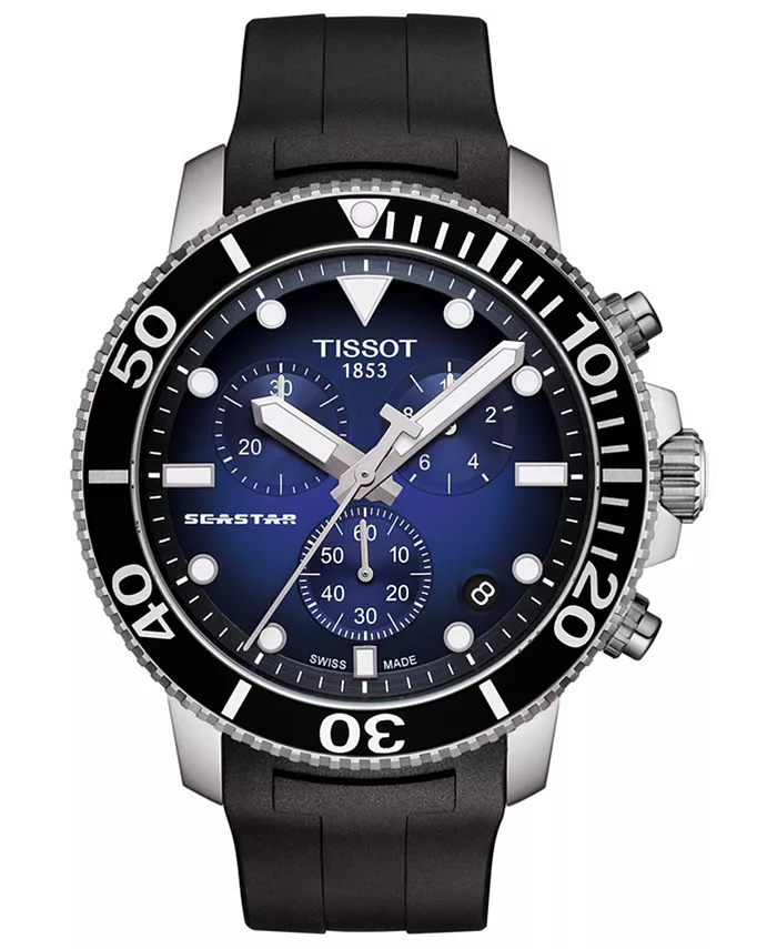 

Мужские водолазные часы Swiss Chronograph Seastar 1000 с черным резиновым ремешком, 45.5 мм Tissot