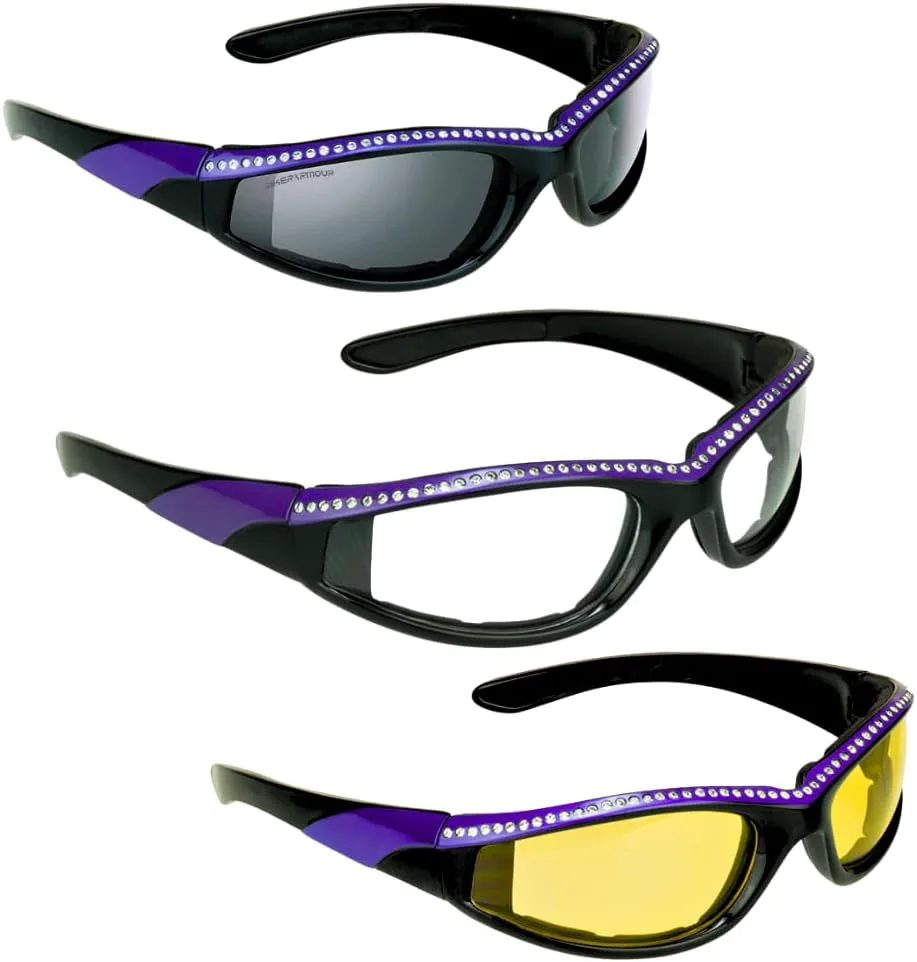 

Женские мотоочки Bikershades со стразами, цвет Purple Smoke+Clear+Yellow, дымчатые/прозрачные/желтые линзы, мягкая пеноподкладка, защита от ветра и пыли