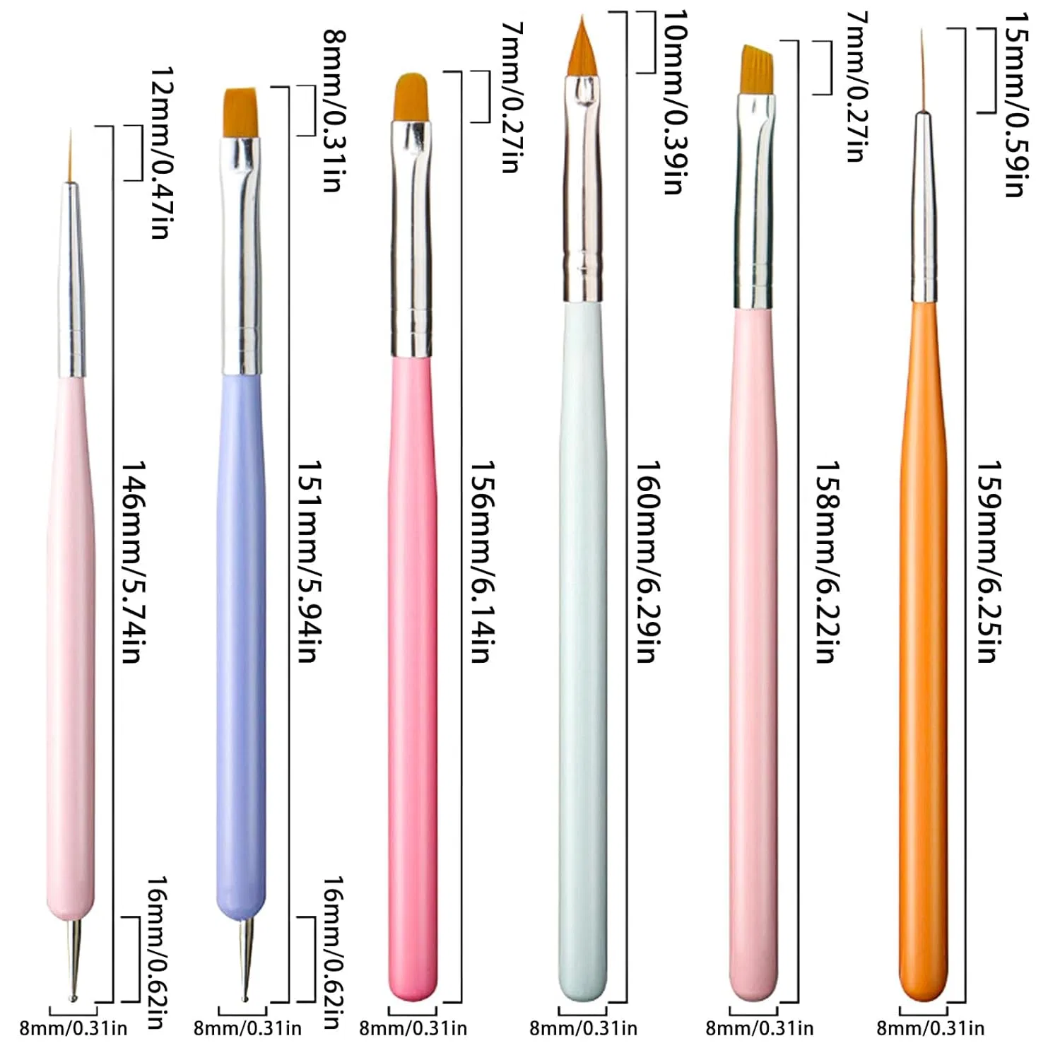 Набор профессиональных акриловых кистей для ногтей (6 штук) Sruidylady, Pack Of 6 Candy Colours — фото 3