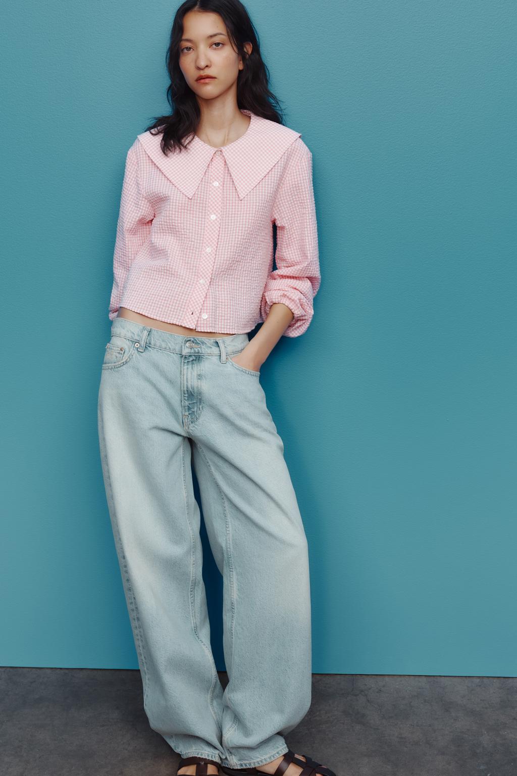 

Клетчатая рубашка с воротником "питер пэн" ZARA, цвет Pink/White