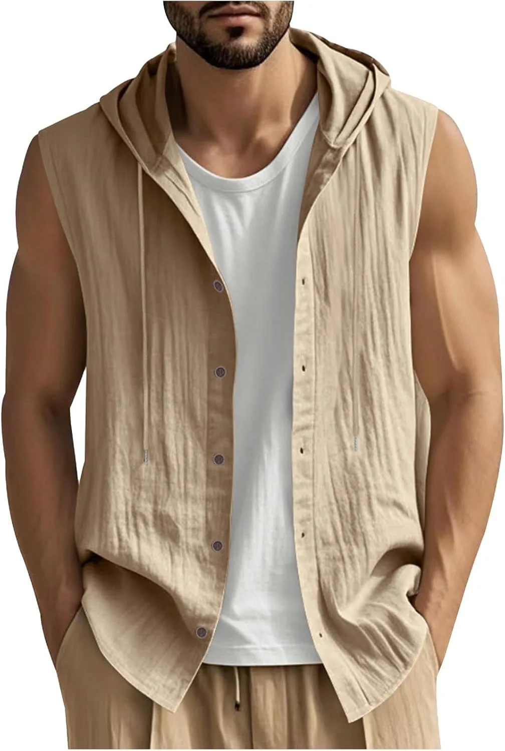 

Кардиган с капюшоном для мужчин, безрукавный, лен