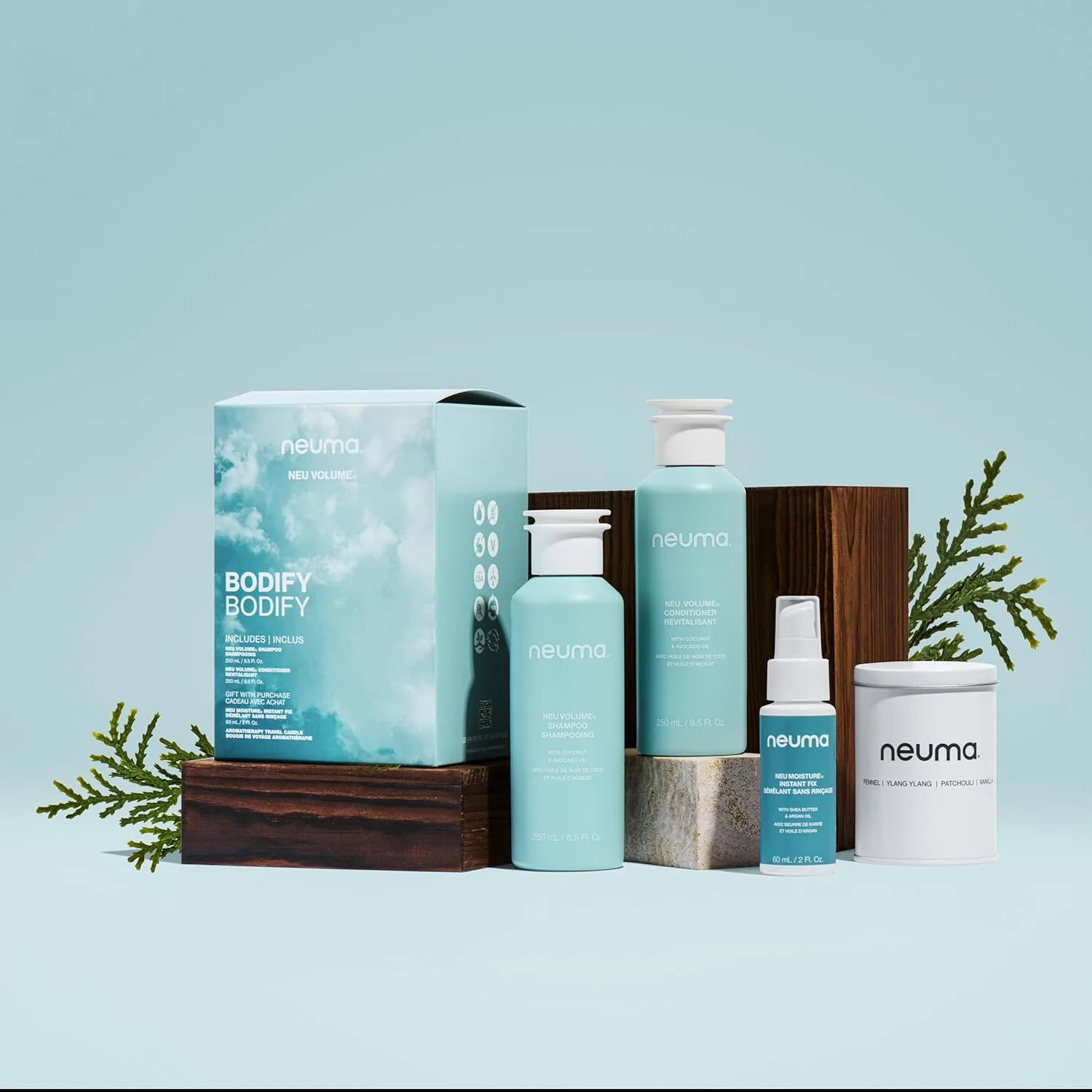 NEUMA Glow Strong. Glow Bright. Подарочный набор Bodify. Шампунь и кондиционер Neu Volume 8,5 жидких унций + увлажняющий крем Neu Moisture 2 жидких унции Instant Fix + дорожная ароматическая свеча — фото 2