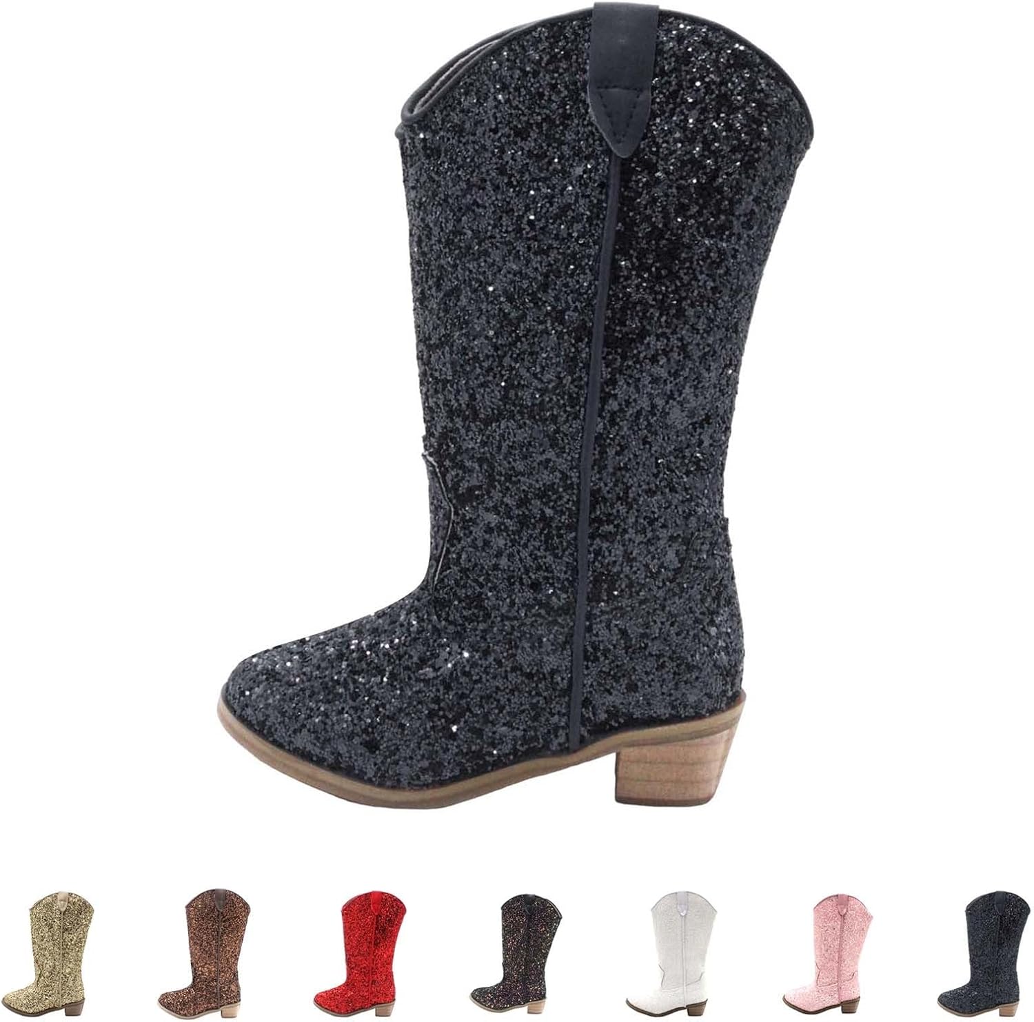 Блестящие сапожки для девочек, ковбойские сапоги с квадратным носком, детские сапожки с вышивкой в западном стиле, ковбойские сапоги для малышей Generic, черный — фото 2