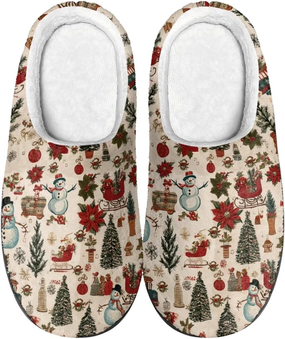 

Удобные плюшевые тапочки Cadowhimsy с закрытым носком, домашние тапочки без шнурков, пушистые домашние тапочки для женщин и мужчин, для дома и улицы, Vintage Christmas Snowman Floral Tree