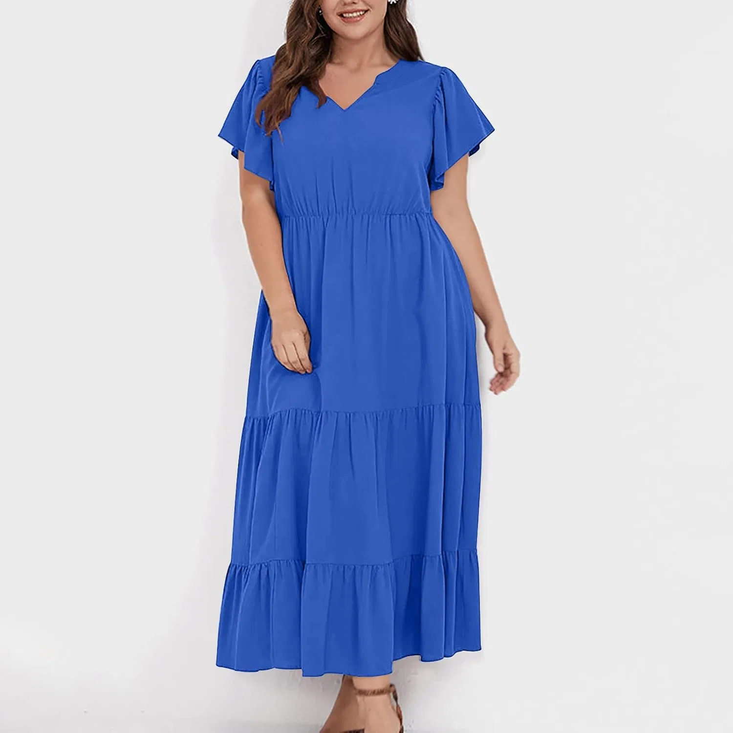 Платье для женщин Plus Size повседневное бохо с V-образным вырезом, летнее платье с рукавами-фонариками, макси-платье струящееся для пляжа Generic, синий — фото 3