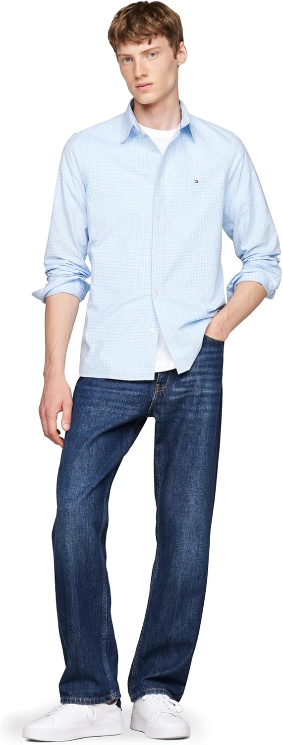 Мужские рубашки Tommy Hilfiger из поплина с длинным рукавом, облегающего кроя, мужские рубашки на пуговицах, также доступны в размерах для больших и высоких женщин., Vessel Blue / Optic White — фото 4