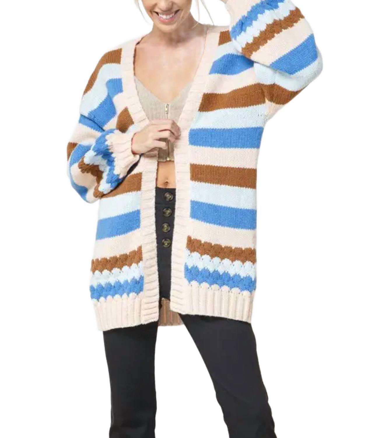 

Разноцветный полосатый кардиган с открытой передней частью в синем/кремовом/коричневом/голубом цветах Bestto