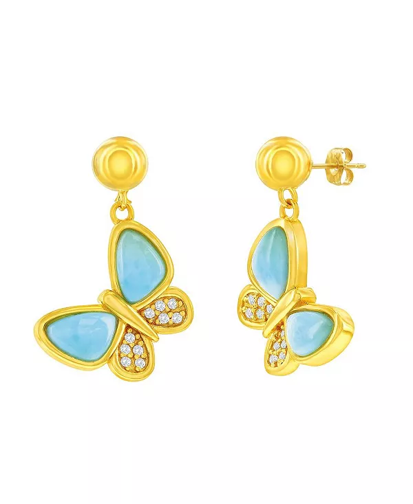 

Серьги-Бабочки из стерлингового серебра с ларимаром и фианитами, позолоченные Caribbean Treasures, larimar