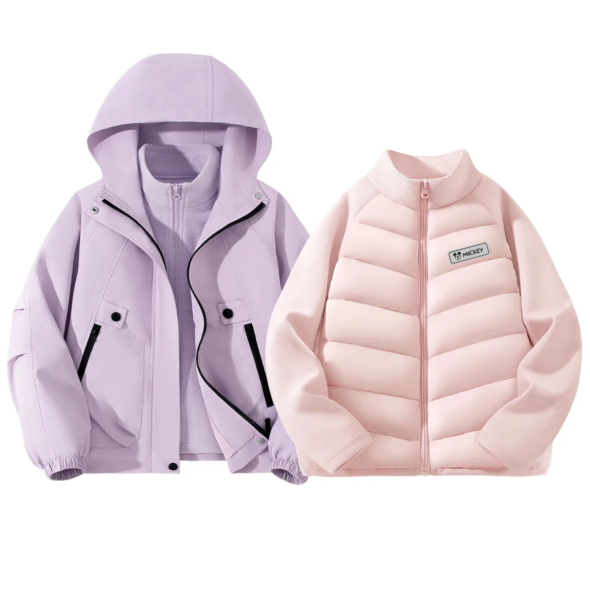 Детский спортивный костюм с круглым вырезом Disney, [Thickened Thermal Three-Piece Set]Solid Color Purple+Solid Color Purple+Di H Square Hook-and-Loop Pink