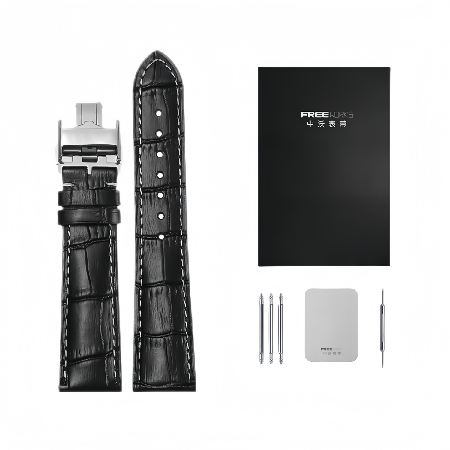 

Zhongwo Часы Strap All Compatibility Cowhide Leather Material 22mm, Silver Butterfly Clasp-Black Leather with Black Stitching