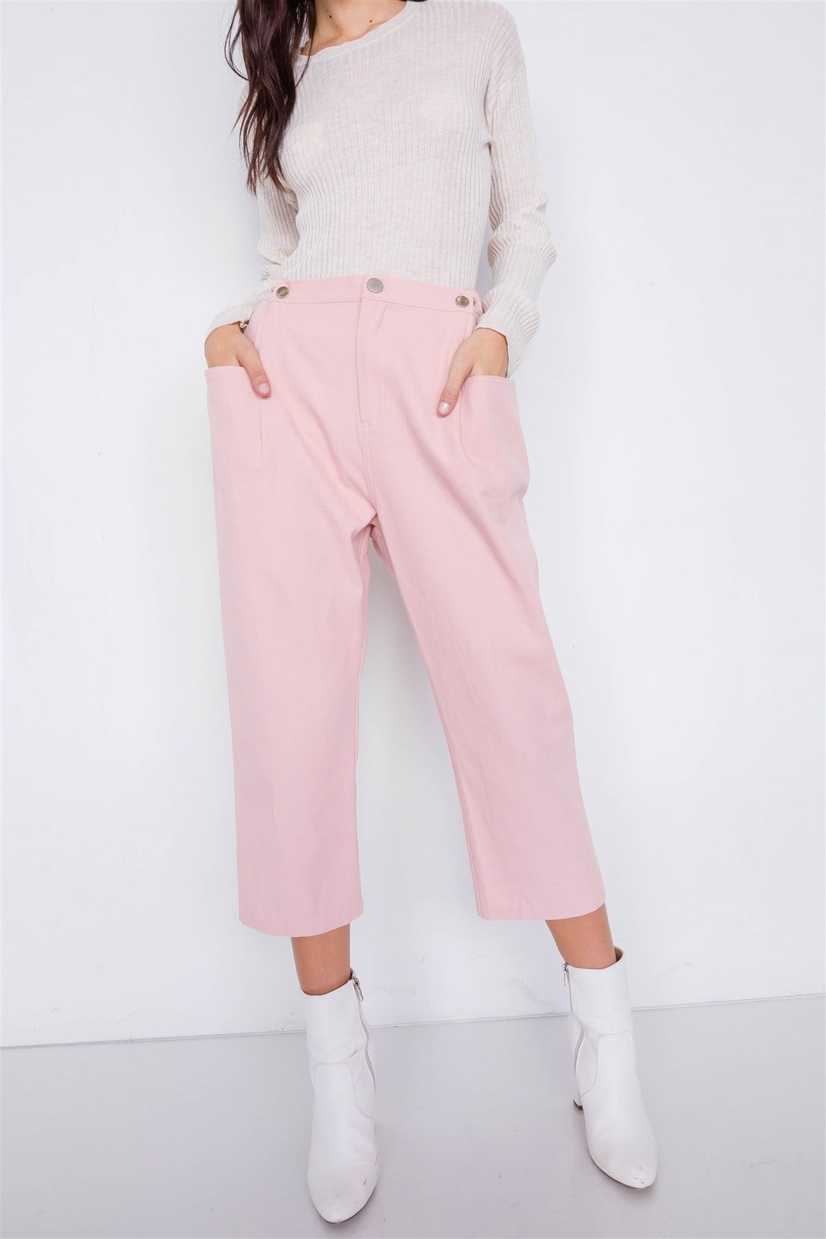 

FASHNZFAB Пастельные шикарные однотонные брюки до щиколотки с широкими штанинами и регулируемой талией на кнопках, цвет dusty rose