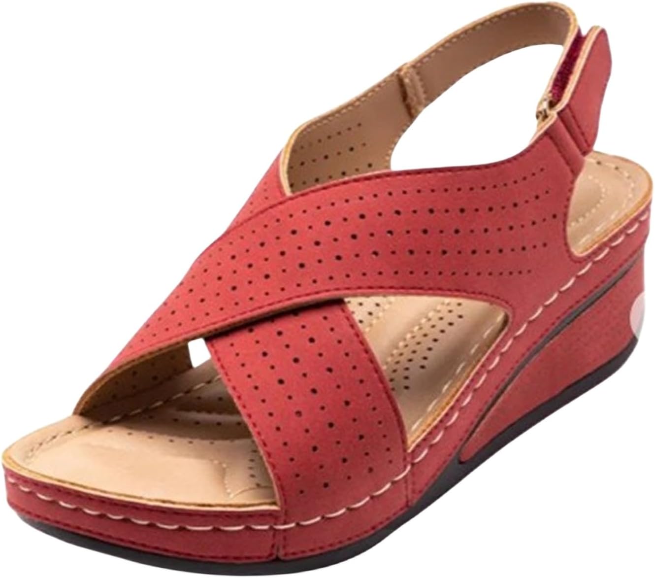 

Женские ортопедические сандалии на танкетке, летние сандалии с открытым носком, вырезами и перекрестными ремешками, удобные сандалии на липучке с поддержкой свода стопы Generic, красный